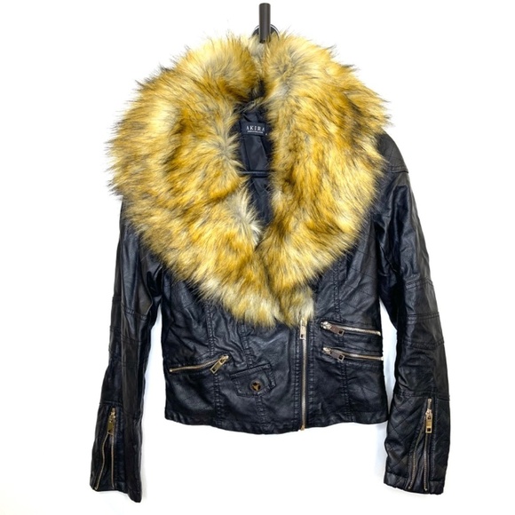 AKIRA Faux Fur Tan Collared Black Leather Moto Jacket Size Medium - Picture 5 of 13
